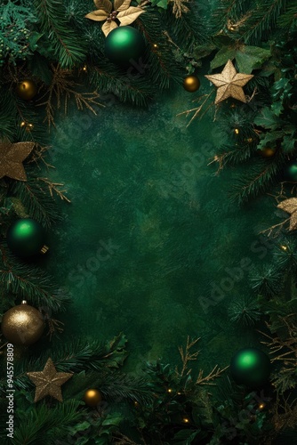 A green background with gold and green decorations including stars and balls