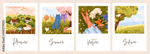 Summer holiday countryside, nature card designs. Serene rural landscapes in c...