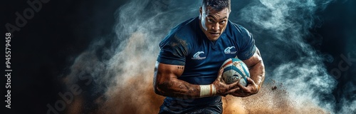 Rugby player holding ball with smoke effect on a dark background.  