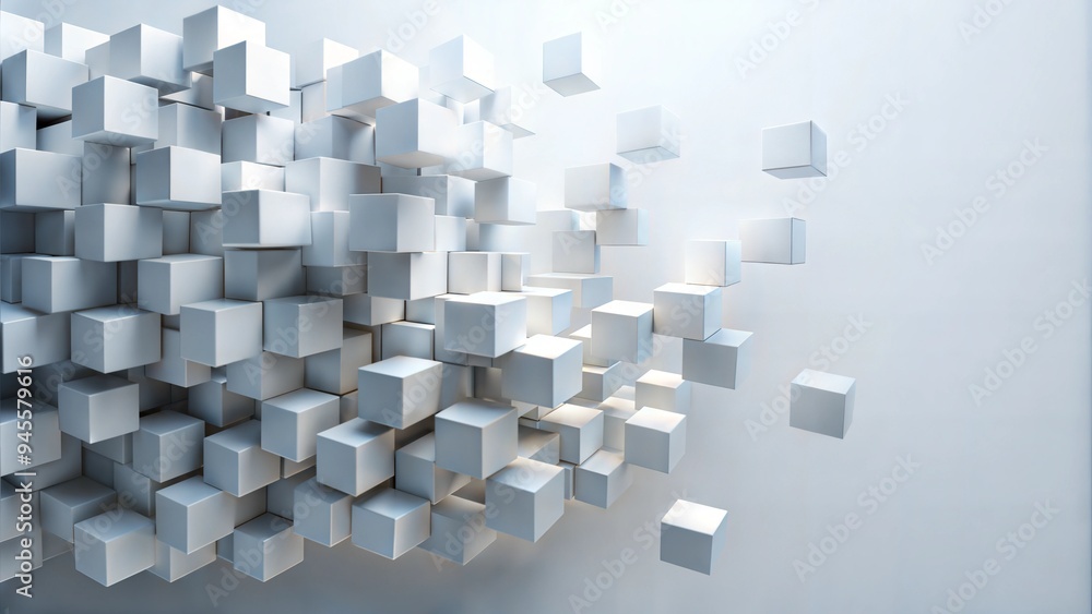 Fototapeta premium Chaotic cubes with copy space. White abstract geometric background. 3d rendering cubic minimal composition for corporate design template.