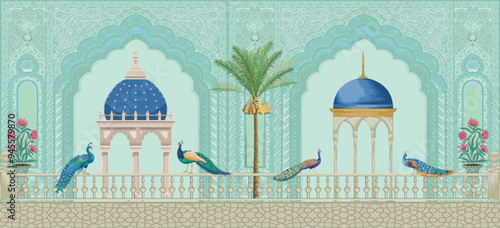 Chinoiseries peacock, Birds Palace garden royal Wallpaper. moroccan decorative garden with peacock and tomb vector file