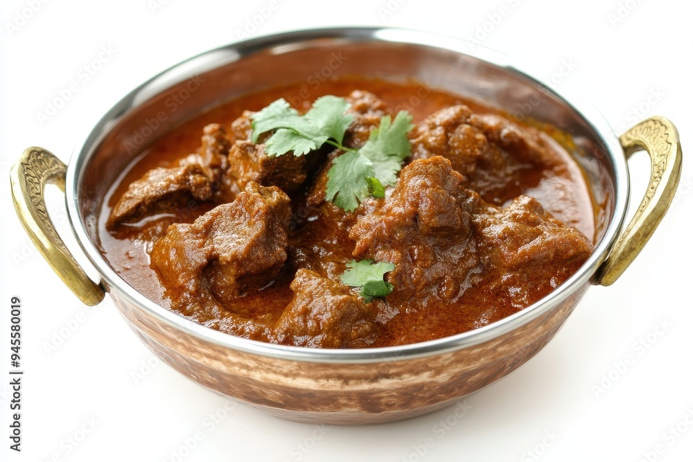 A bowl of rich, spicy meat curry garnished with fresh cilantro. A bowl of rich, spicy meat curry garnished with fresh cilantro.