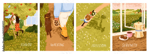 Summer countryside cards set. Serene rural landscapes poster designs. Country nature with field, garden, mushrooms. Village holiday life, vertical nature backgrounds. Flat vector illustrations