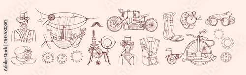 Steampunk set. Vintage gears, machinery, vehicles. Retro-futurism style steam engines, machines, engraved sketches in 19th Victorian aesthetics. Outlined contoured hand-drawn vector illustrations