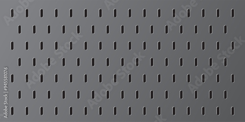 Peg board with oval holes. Rectangle grey gradient peg board perforated texture background for working bench tools. 