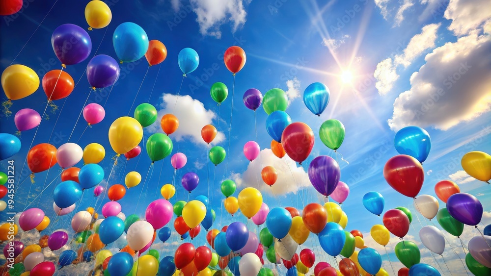 Colorful balloons floating in the sky at a celebration, celebration, party, helium, ribbon, festive, birthday, anniversary Colorful balloons floating in the sky at a celebration, celebration, party, helium, ribbon, festive, birthday, anniversary