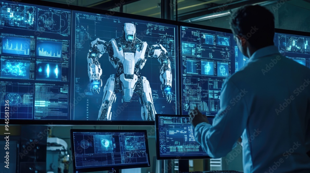 Engineers reviewing data from a robot's performance on multiple screens Engineers reviewing data from a robot's performance on multiple screens