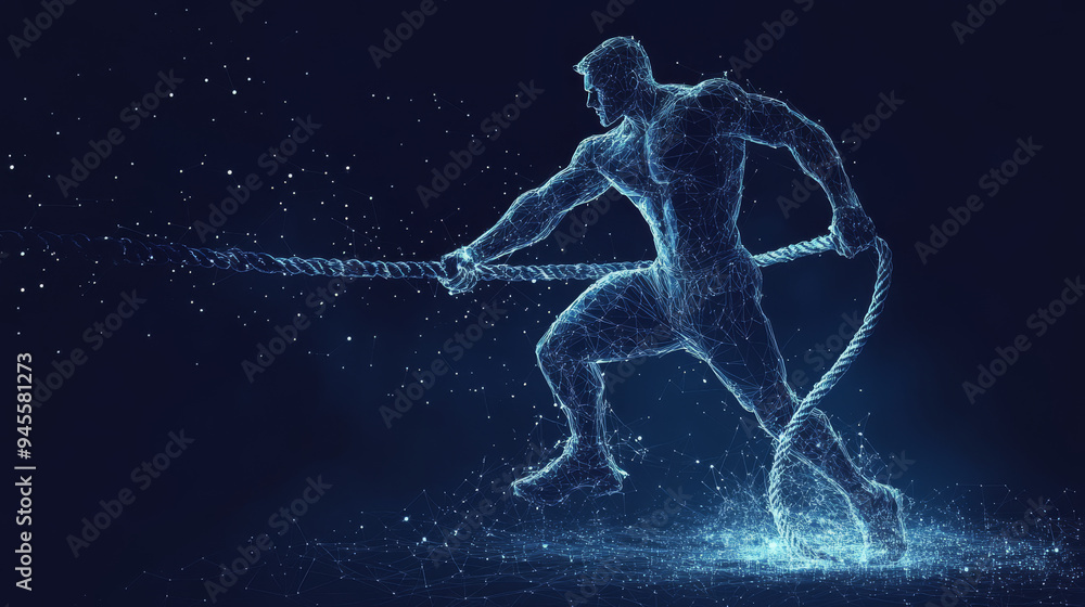 A low-poly wireframe banner template showcasing power and strength. The 3D design features a strong sportsman exercising with heavy battle ropes, illustrated with connected dots. This polygonal athlet A low-poly wireframe banner template showcasing power and strength. The 3D design features a strong sportsman exercising with heavy battle ropes, illustrated with connected dots. This polygonal athlet