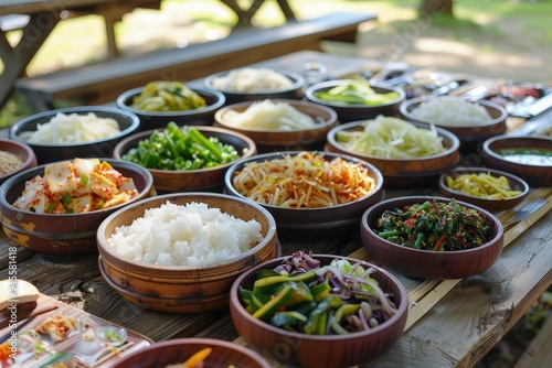 a wooden table topped with bowls filled with food