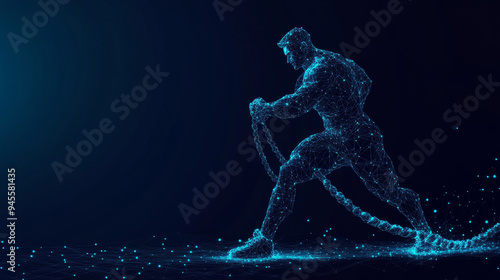 A low-poly wireframe banner template showcasing power and strength. The 3D design features a strong sportsman exercising with heavy battle ropes, illustrated with connected dots. This polygonal athlet