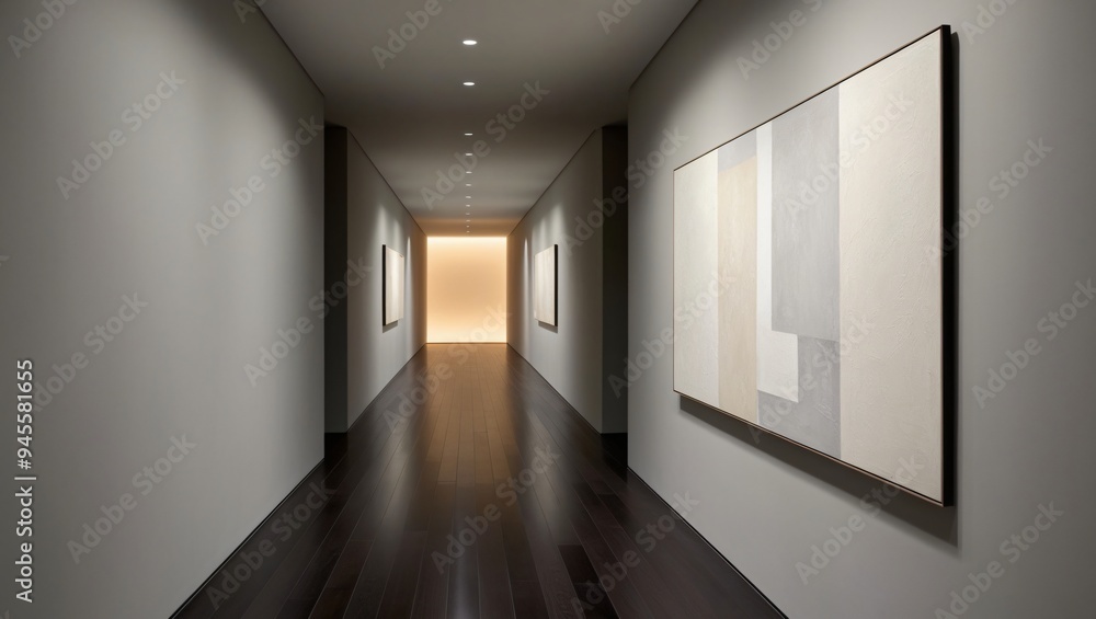 A minimalist hallway with a single piece of abstract art on the wall, neutral colors, and soft, ambient lighting, Generative AI A minimalist hallway with a single piece of abstract art on the wall, neutral colors, and soft, ambient lighting, Generative AI
