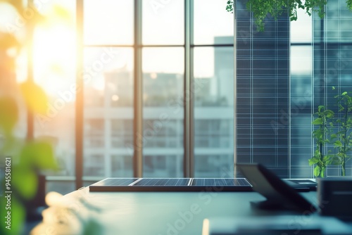 A modern workspace with sunlight streaming through glass, featuring plants and solar panels, creating a harmonious environment.