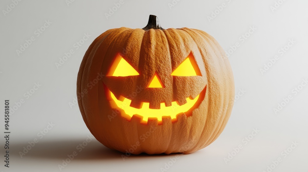 Carved Halloween pumpkin with a glowing grin, against a plain white background. Carved Halloween pumpkin with a glowing grin, against a plain white background.