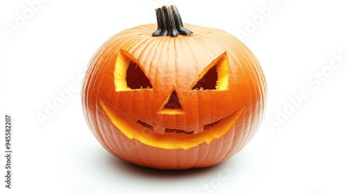 A traditional Halloween jack-o'-lantern with a creepy expression, isolated on a white background.