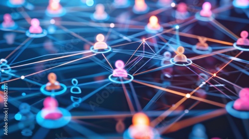 A colorful network of people is displayed in a blue background