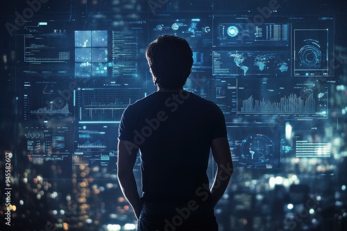 Person standing in a digital room surrounded by futuristic data screens.