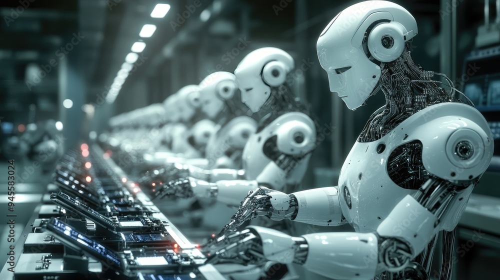 Industrial robots working in unison on a production line, assembling electronic devices