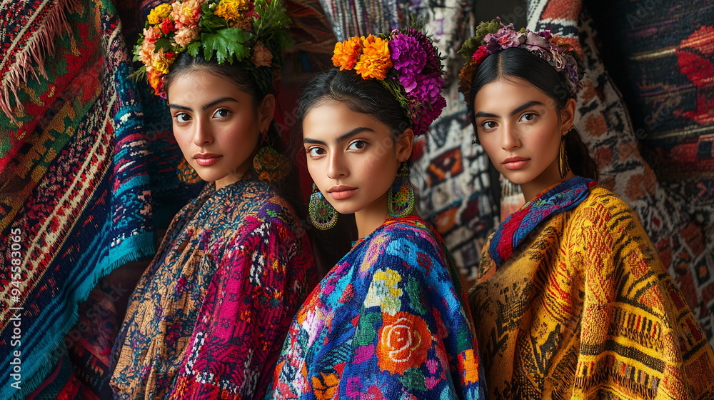 Diverse models showcasing vibrant Guatemalan huipils with intricate Mayan patterns, posed against a backdrop of traditional textiles. Diverse models showcasing vibrant Guatemalan huipils with intricate Mayan patterns, posed against a backdrop of traditional textiles.