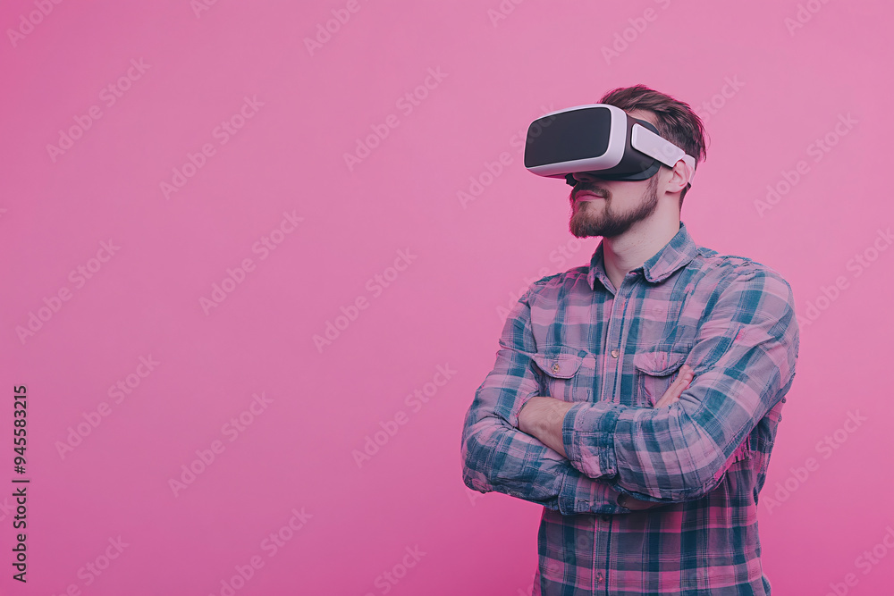 Immersed in a New Reality: A man wearing VR goggles with a contemplative expression, standing against a vibrant pink background, embodies the potential and wonder of virtual reality. Immersed in a New Reality: A man wearing VR goggles with a contemplative expression, standing against a vibrant pink background, embodies the potential and wonder of virtual reality.