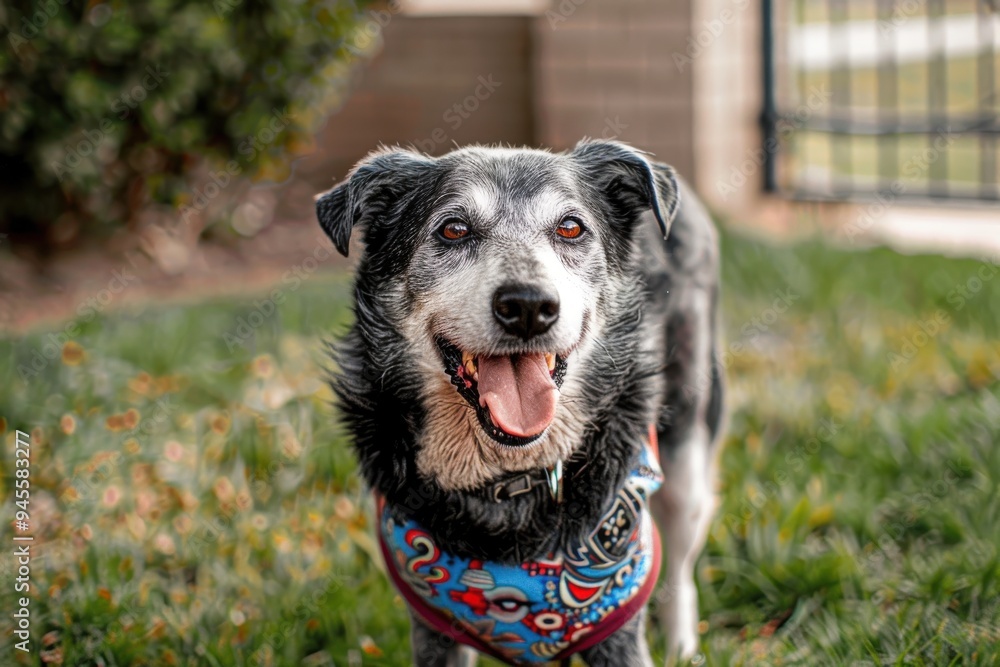 Senior mixed breed dog smiling at camera and standing at grass Dogs at nature Senior mixed breed dog smiling at camera and standing at grass Dogs at nature