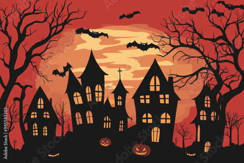 Halloween town silhouette of haunted houses, bats, pumpkins and a full moon with a scary feeling