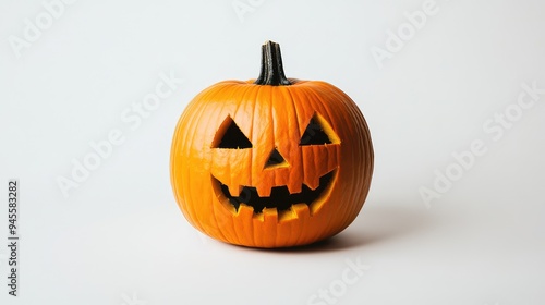 A simple but eerie Halloween pumpkin, showcasing a traditional carved face on a white background.