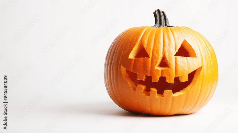 A Halloween pumpkin with a mischievous grin, isolated on a bright white background. A Halloween pumpkin with a mischievous grin, isolated on a bright white background.