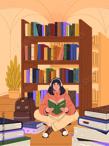 Girl in headphones sits on the floor in public library and reading paper book. Student studies with textbook between bookshelves. Young woman learning educational literature. Flat vector illustration