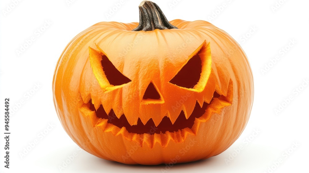 A detailed Halloween pumpkin with a sinister expression, isolated on a white background. A detailed Halloween pumpkin with a sinister expression, isolated on a white background.
