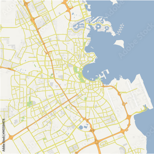 Road map of Doha in Qatar. Contains layered vector with roads water, parks, etc.
