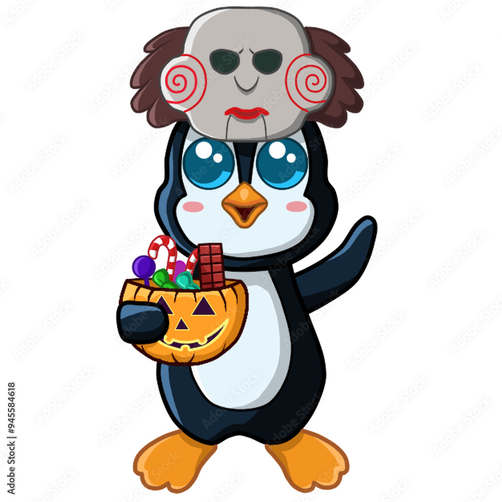 Fototapeta premium A chibi penguin carries a bunch of candy with Jigsaw's mask off. Perfect for stickers, halloween product, etc