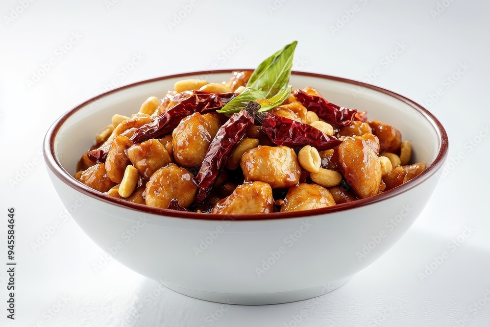 A bowl of spicy chicken with peanuts and dried chili, garnished with basil. A bowl of spicy chicken with peanuts and dried chili, garnished with basil.