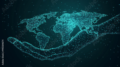 A low-poly wireframe image of a world map held in a hand's palm. The vector polygonal design resembles a starry sky or space, composed of points, lines, and shapes that form stars and abstract.