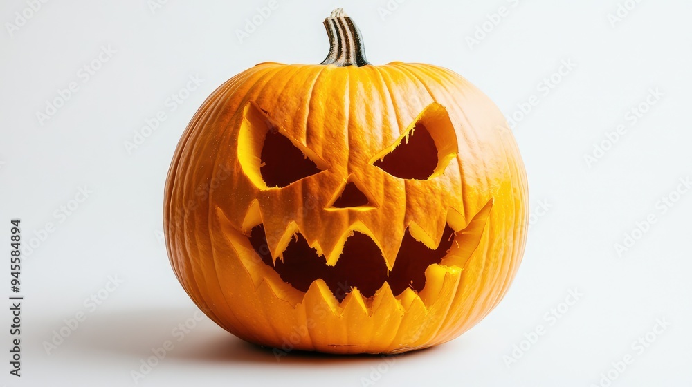Single carved pumpkin with a scary face, set on a bright white background. Single carved pumpkin with a scary face, set on a bright white background.