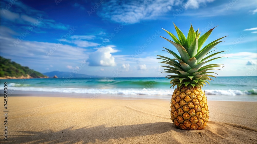 Fresh ripe pineapple on a tropical beach , tropical, exotic, fruit, sweet, juicy, healthy, vibrant, yellow, delicious Fresh ripe pineapple on a tropical beach , tropical, exotic, fruit, sweet, juicy, healthy, vibrant, yellow, delicious