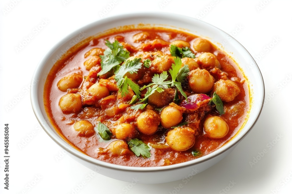 A bowl of spicy chickpea curry garnished with fresh cilantro. A bowl of spicy chickpea curry garnished with fresh cilantro.