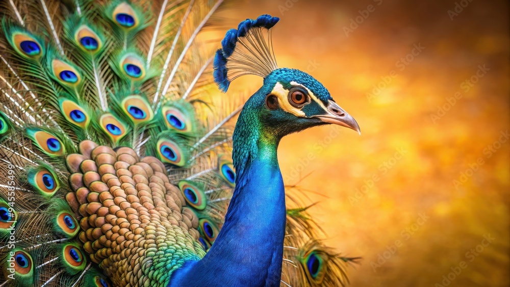 Close-up of a majestic peacock with vibrant feathers on a beige background, peacock, bird, vibrant, colorful, feathers Close-up of a majestic peacock with vibrant feathers on a beige background, peacock, bird, vibrant, colorful, feathers