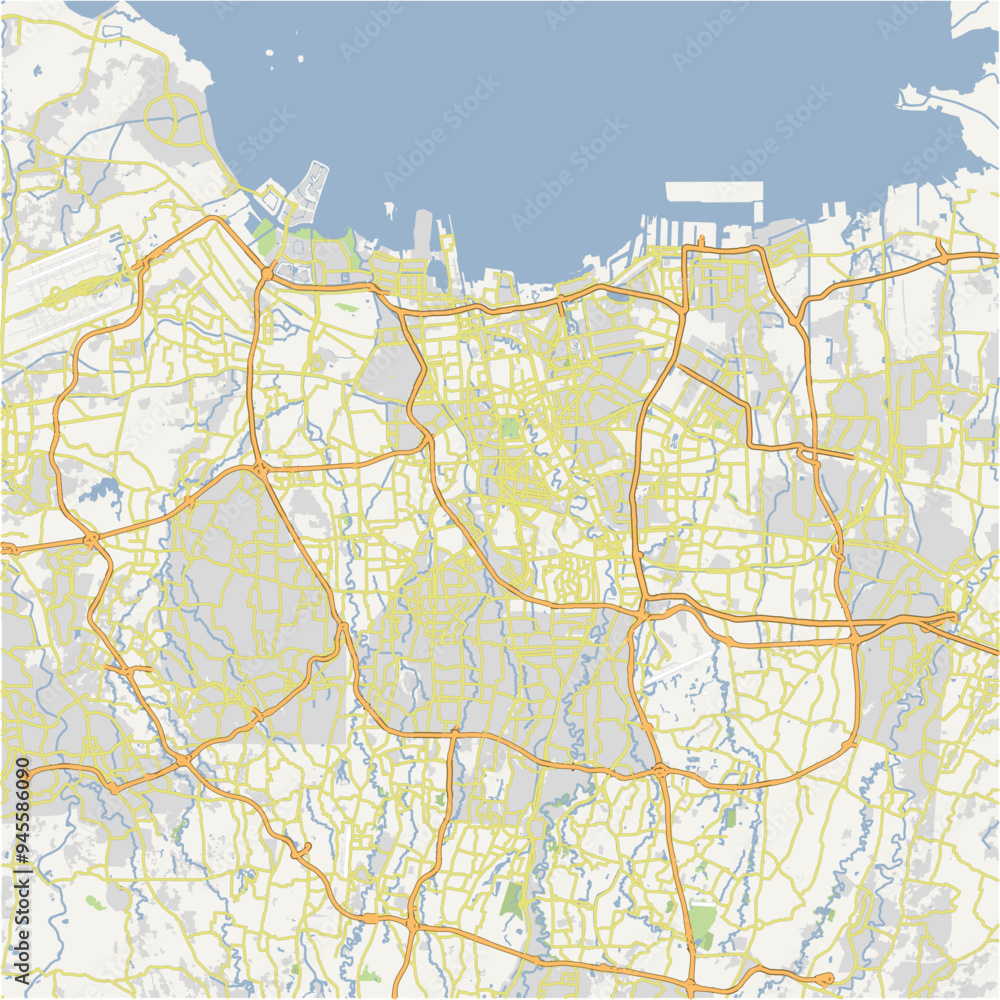 Road map of Jakarta in Indonesia. Contains layered vector with roads water, parks, etc. Road map of Jakarta in Indonesia. Contains layered vector with roads water, parks, etc.