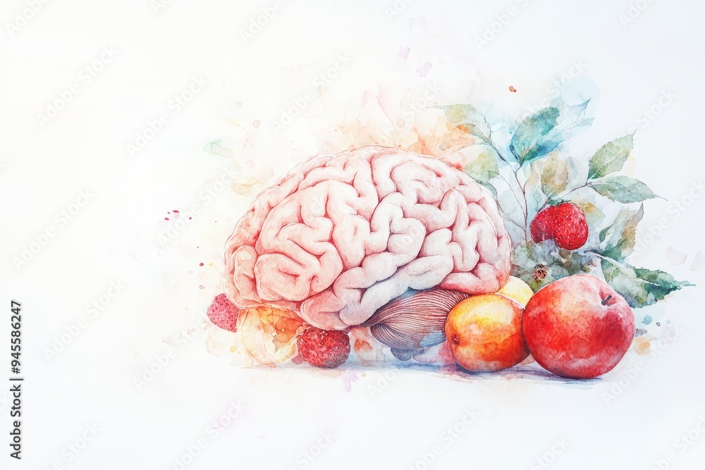 A vibrant watercolor illustration of a brain surrounded by various fruits, symbolizing creativity and nourishment. A vibrant watercolor illustration of a brain surrounded by various fruits, symbolizing creativity and nourishment.