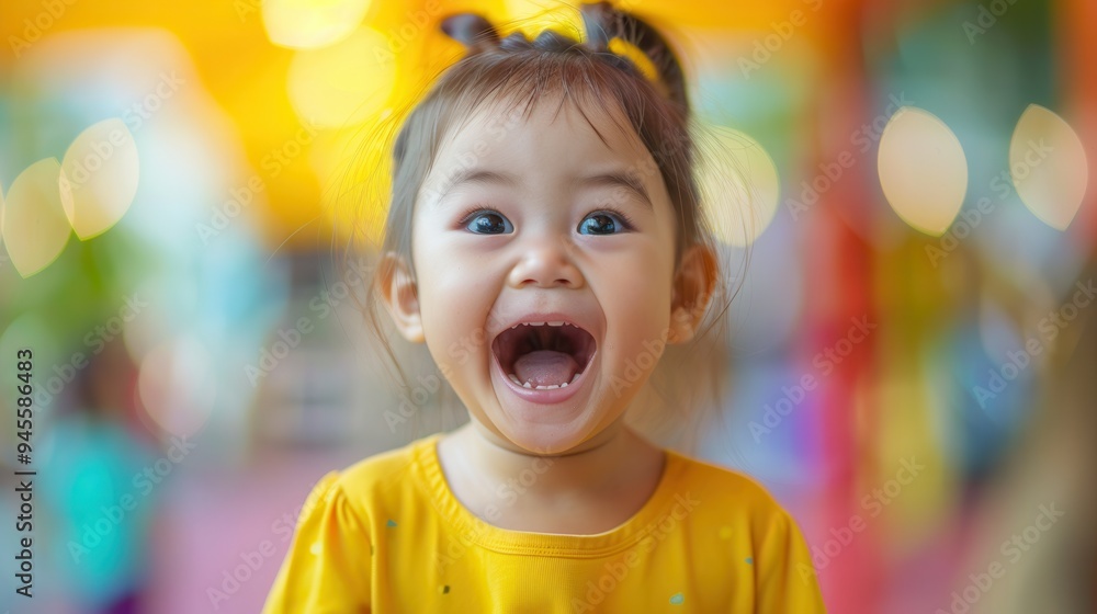 A cheerful child with a wide smile enjoys playful moments in a lively playground, surrounded by bright colors and a joyful atmosphere. Generative AI A cheerful child with a wide smile enjoys playful moments in a lively playground, surrounded by bright colors and a joyful atmosphere. Generative AI