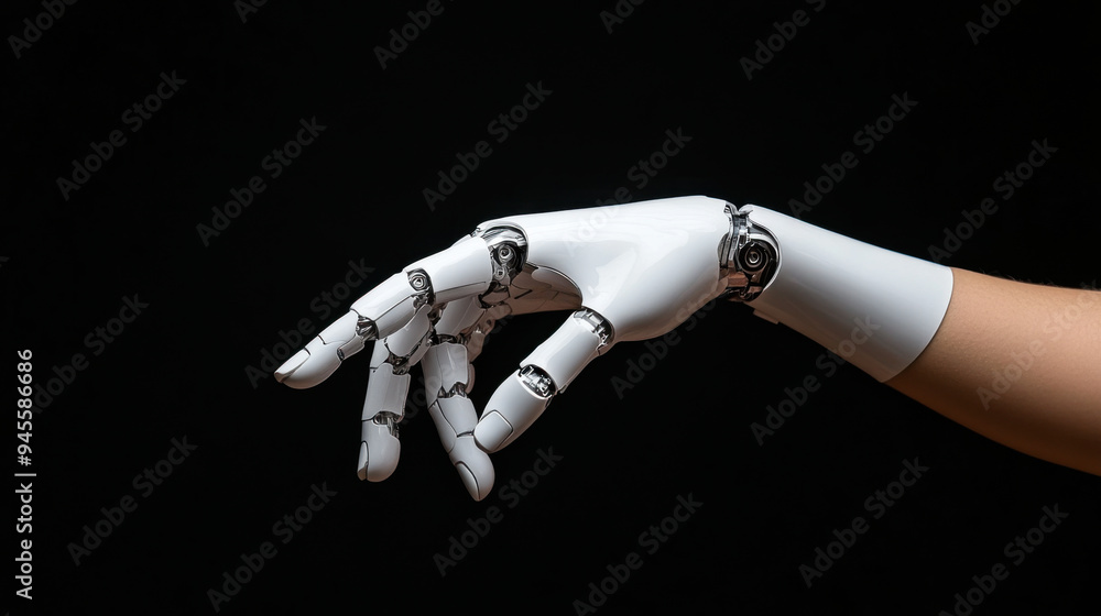 A white robotic hand, shown against a black background, making a gesture symbolizing advanced technology and artificial intelligence. A white robotic hand, shown against a black background, making a gesture symbolizing advanced technology and artificial intelligence.