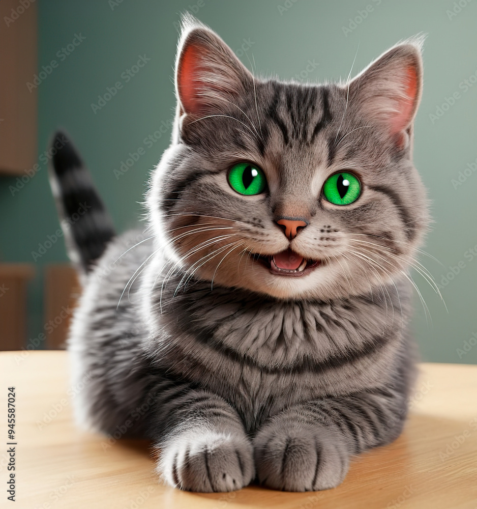Funny cartoon gray white Cute 3D kitten cat with green eyes Funny cartoon gray white Cute 3D kitten cat with green eyes