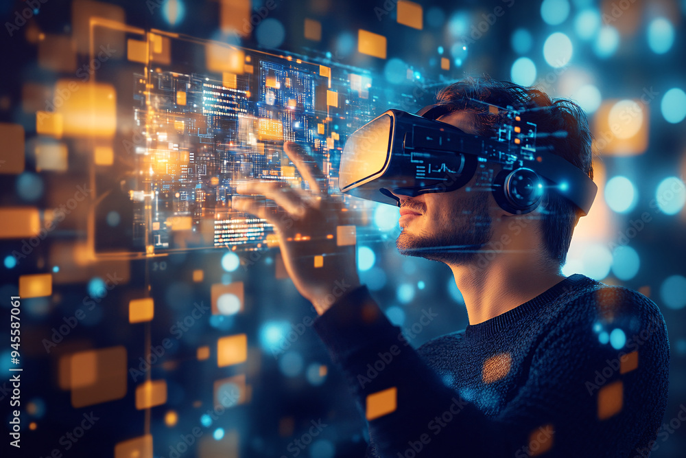 Virtual Exploration: A young man immersed in a captivating VR experience, interacting with a vibrant, holographic interface. Virtual Exploration: A young man immersed in a captivating VR experience, interacting with a vibrant, holographic interface.
