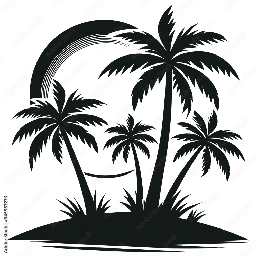 Tropical island silhouetted vector artwork, black and white with palm trees, perfect for travel themes Tropical island silhouetted vector artwork, black and white with palm trees, perfect for travel themes