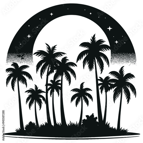 Tropical palm tree silhouette against starry night sky black and white vector illustration