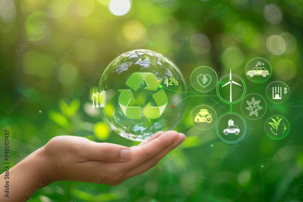 Hands Holding Green Globe with Eco-Friendly and Sustainability Icons Hands Holding Green Globe with Eco-Friendly and Sustainability Icons