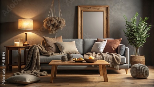 A cozy living room scene with a large wooden frame, surrounded by muted earth tones, againt a dark grey backdrop, emphasizing texture and calmness. photo