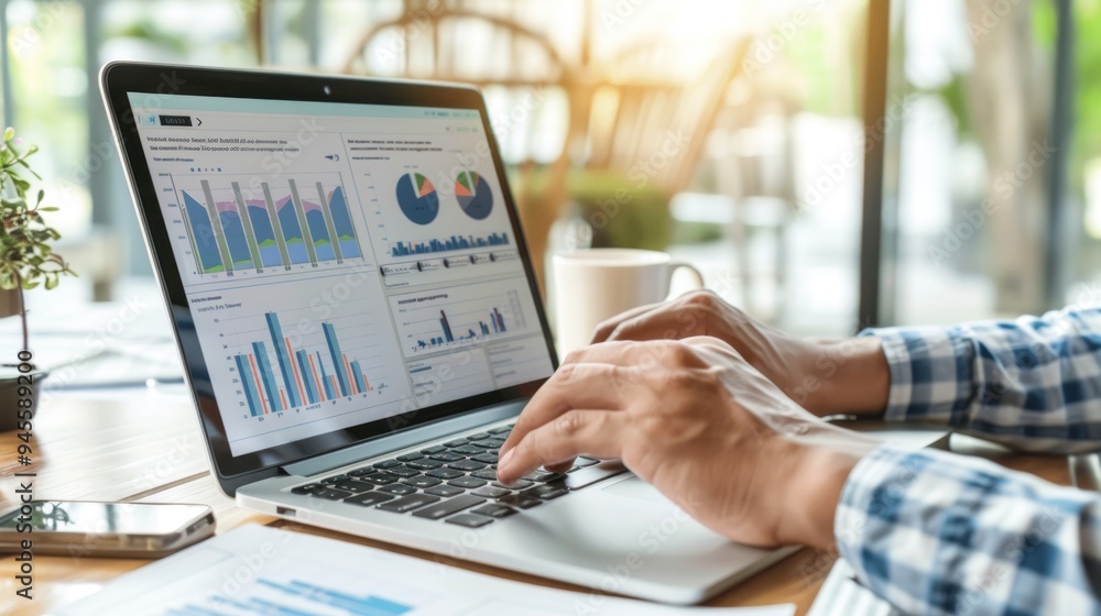 Person working on laptop with data analysis Person working on laptop with data analysis