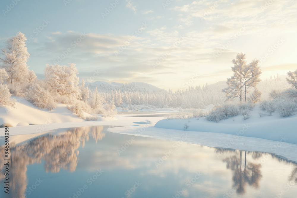 Winter landscape with a frozen lake and snow covered trees. winter Christmas and New Year card and background for greeting, banner, poster, template Winter landscape with a frozen lake and snow covered trees. winter Christmas and New Year card and background for greeting, banner, poster, template