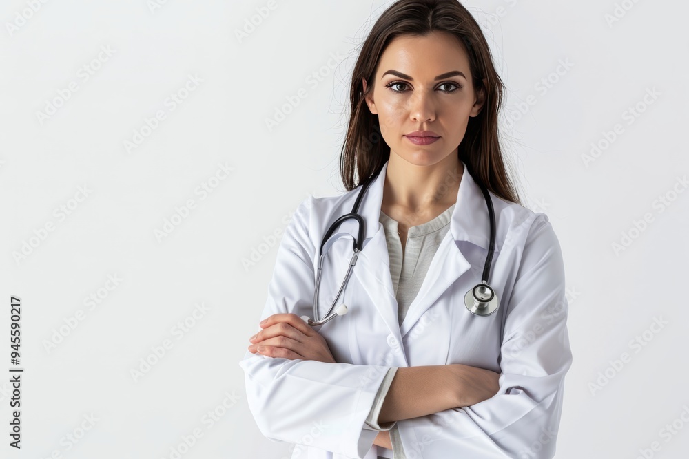Confident female doctor in white coat with arms crossed, isolated against white background, symbolizing professionalism, trust, and healthcare Confident female doctor in white coat with arms crossed, isolated against white background, symbolizing professionalism, trust, and healthcare